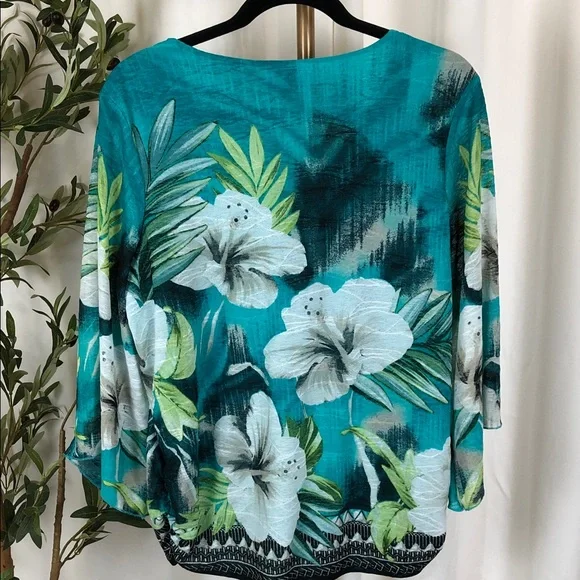 JM Collection Teal Tropical Floral Scoop-Neck Blouse Flowy Sleeves Sz 1X (V1) - Picture 6 of 10